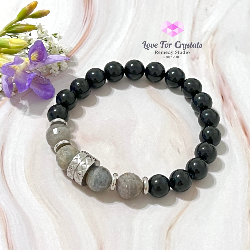 Protection Crystal Remedy Bracelet For Men (Premium Series) Black Tourmaline Labradorite Stainless