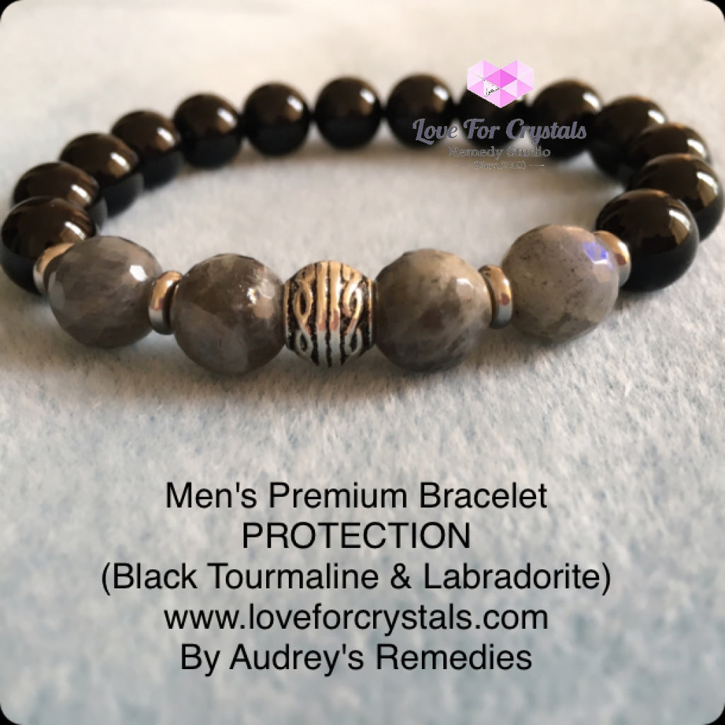 Protection Crystal Bracelet (Mens Premium Series) Black Tourmaline Labradorite Stainless Steel Beads