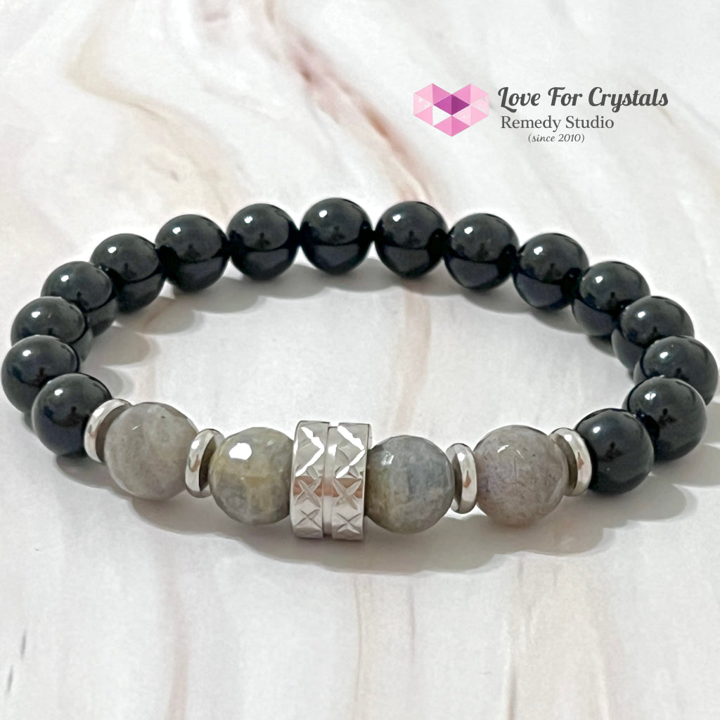 Protection Crystal Remedy Bracelet For Men (Premium Series) Black Tourmaline Labradorite Stainless