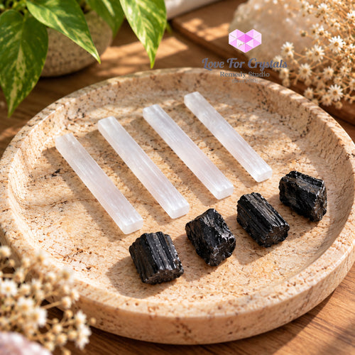 Protection Duo Set (4 Black Tourmaline & 4 Selenite Sticks) - Black tourmaline