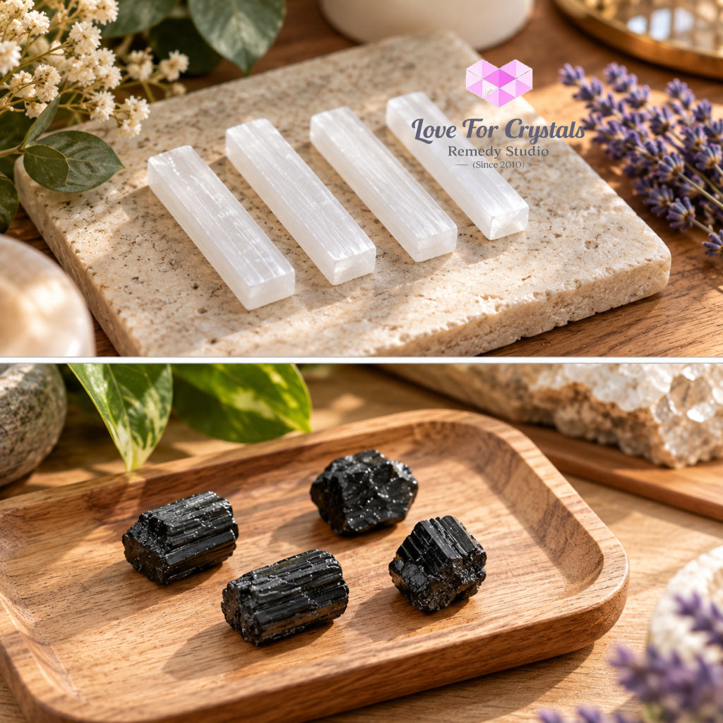 Protection Duo Set (4 Black Tourmaline & 4 Selenite Sticks) - Black tourmaline