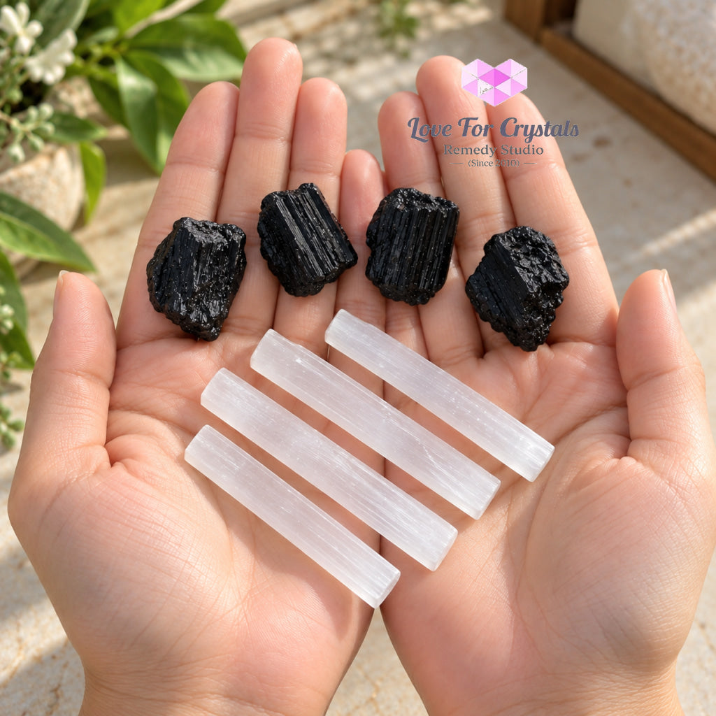 Protection Duo Set (4 Black Tourmaline & 4 Selenite Sticks) - Black tourmaline