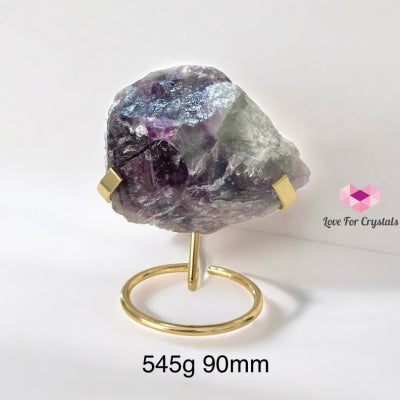 Purple Fluorite Large Raw on Golden Stand (Flow Keeper) Pre-coded activated 545g 90mm Fluorite