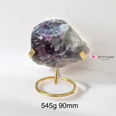 Purple Fluorite Large Raw on Golden Stand (Flow Keeper) Pre-coded activated 545g 90mm Fluorite