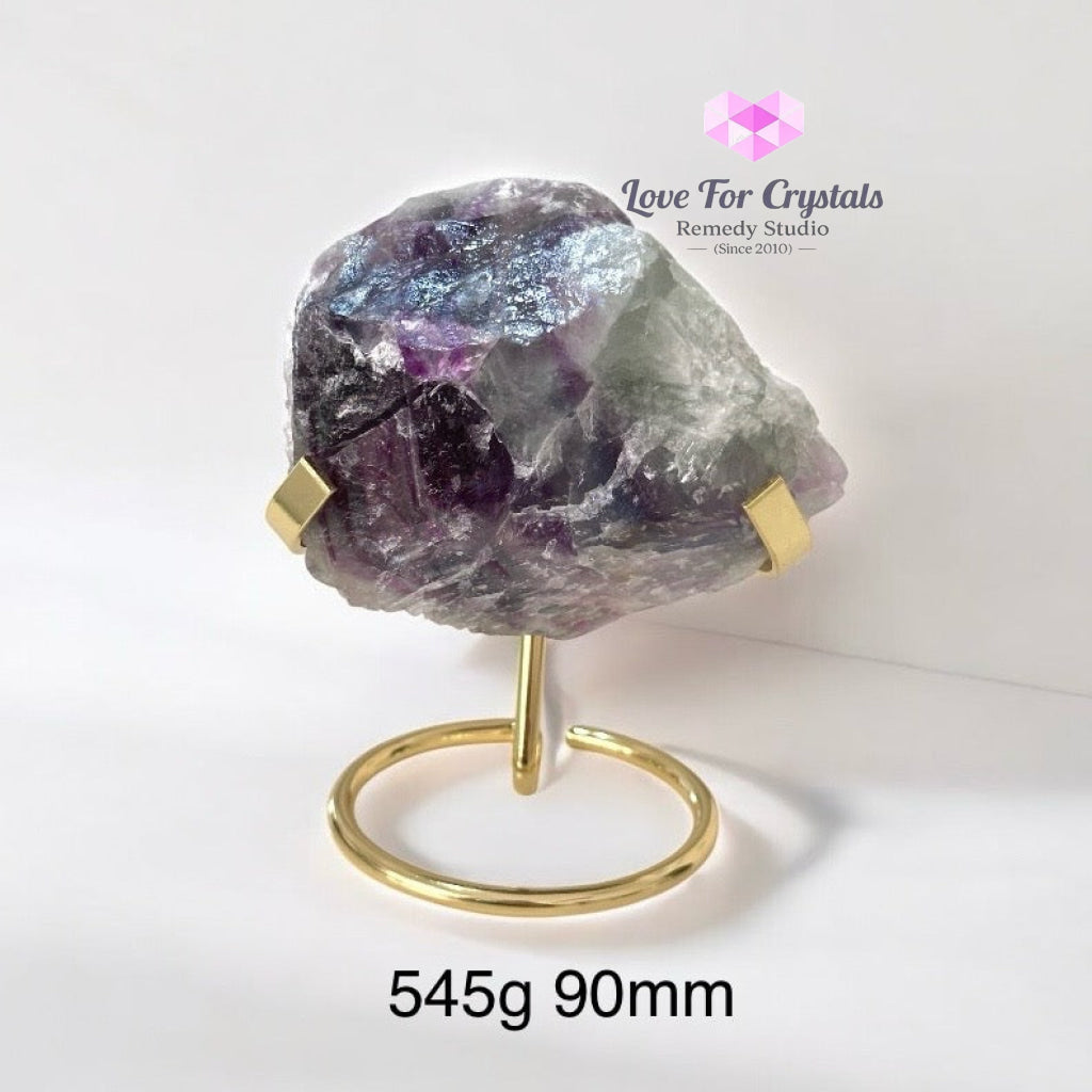 Purple Fluorite Large Raw on Golden Stand (Flow Keeper) Pre-coded activated 545g 90mm Fluorite