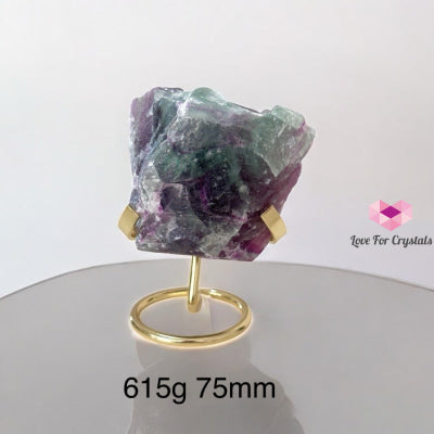 Purple Fluorite Large Raw on Golden Stand (Flow Keeper) Pre-coded activated 615g 75mm Fluorite
