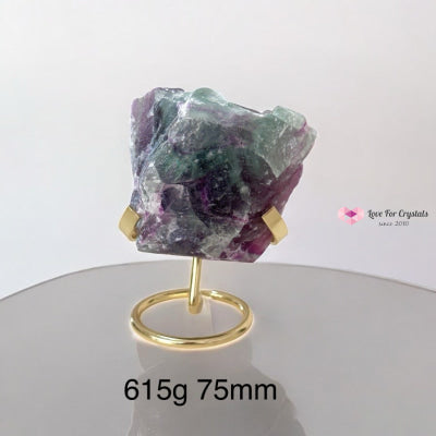 Purple Fluorite Large Raw on Golden Stand (Flow Keeper) Pre-coded activated 615g 75mm Fluorite