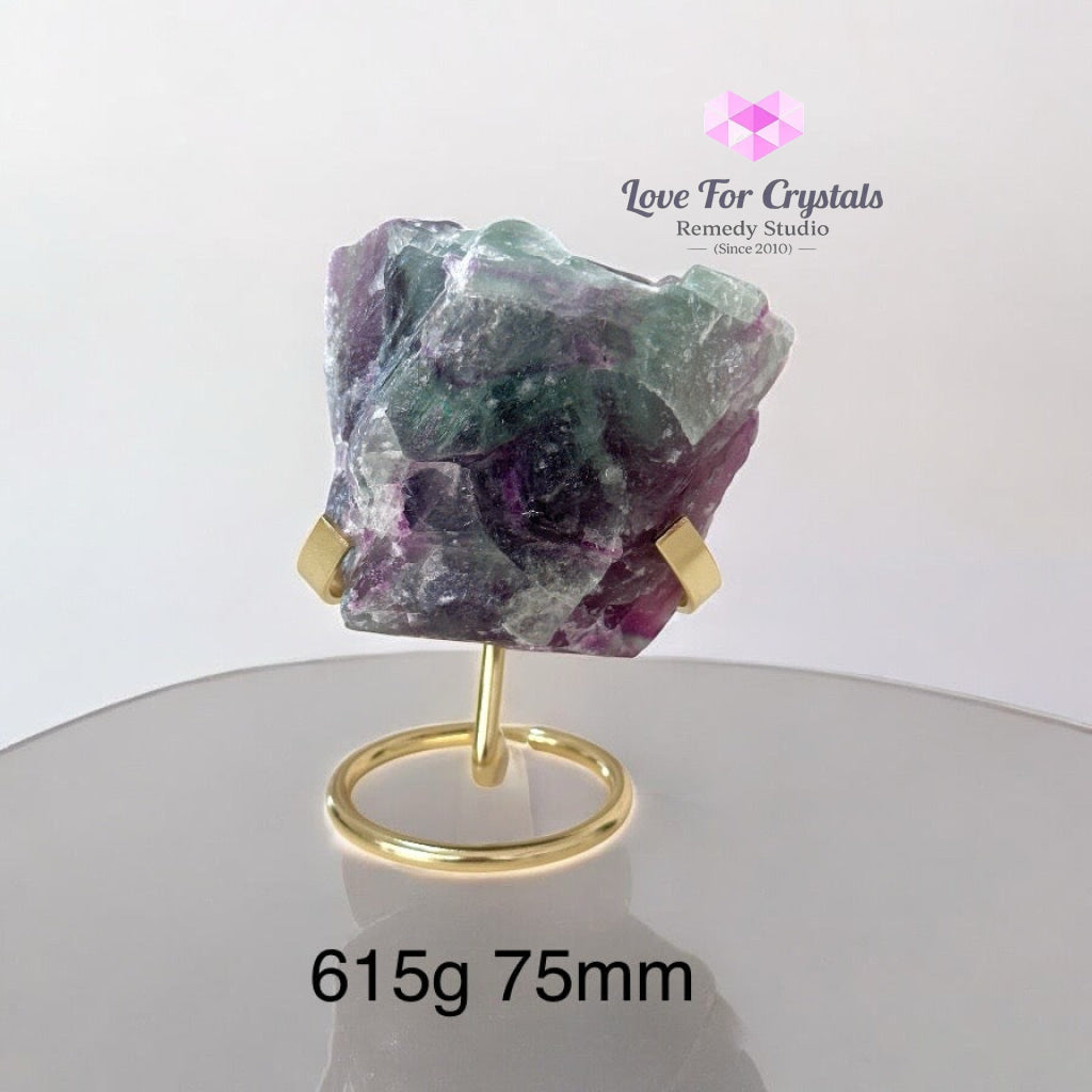 Purple Fluorite Large Raw on Golden Stand (Flow Keeper) Pre-coded activated 615g 75mm Fluorite