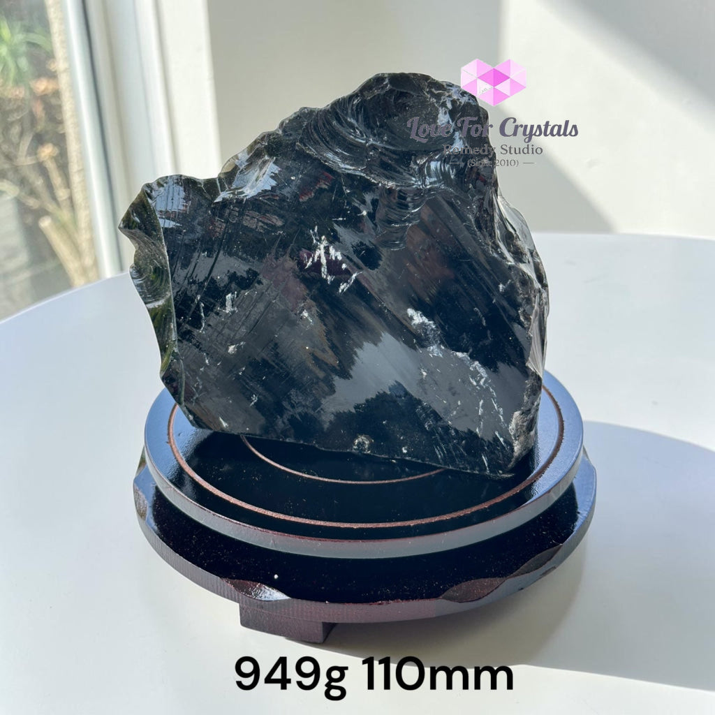 Raw Black Obsidian on Rotating Wooden Base (Protection) - 949g 110mm