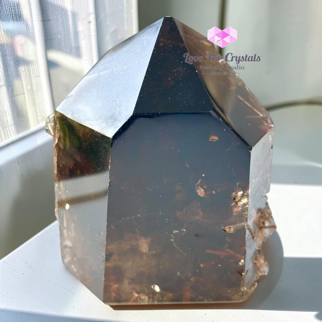 Red Epidote in Smoky Quartz Half Polished Point (VERY RARE) 410g - 410g - Smoky quartz