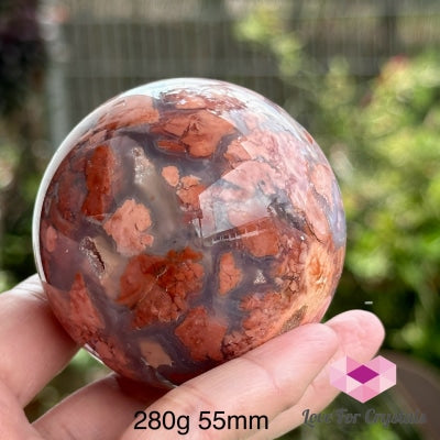 Red Flower Agate Sphere With Wooden Stand (Rare!) Madagascar 280G 55Mm