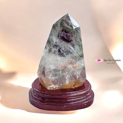 Red & Green Phantom Large Tower With Wooden Stand (20% Off) Brazil Clear Quartz