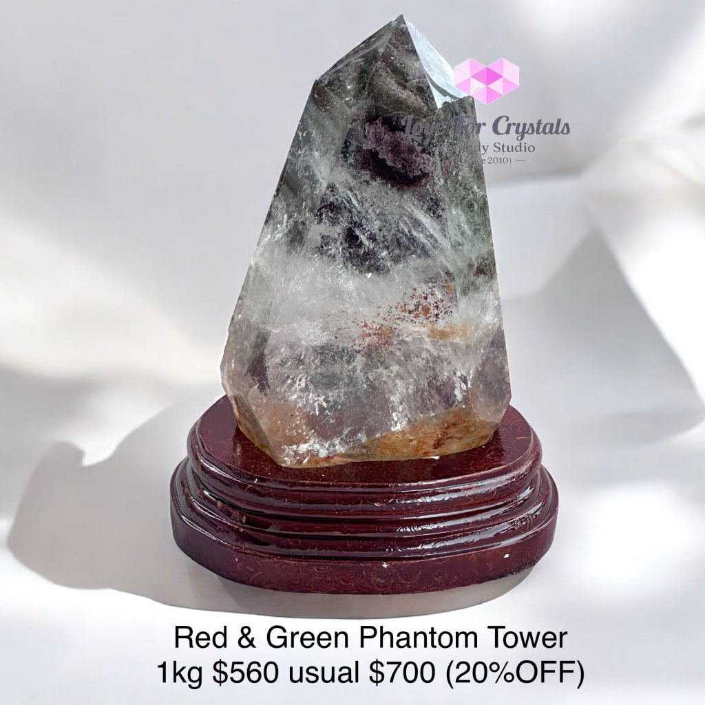 Red & Green Phantom Large Tower With Wooden Stand (20% Off) Brazil Clear Quartz