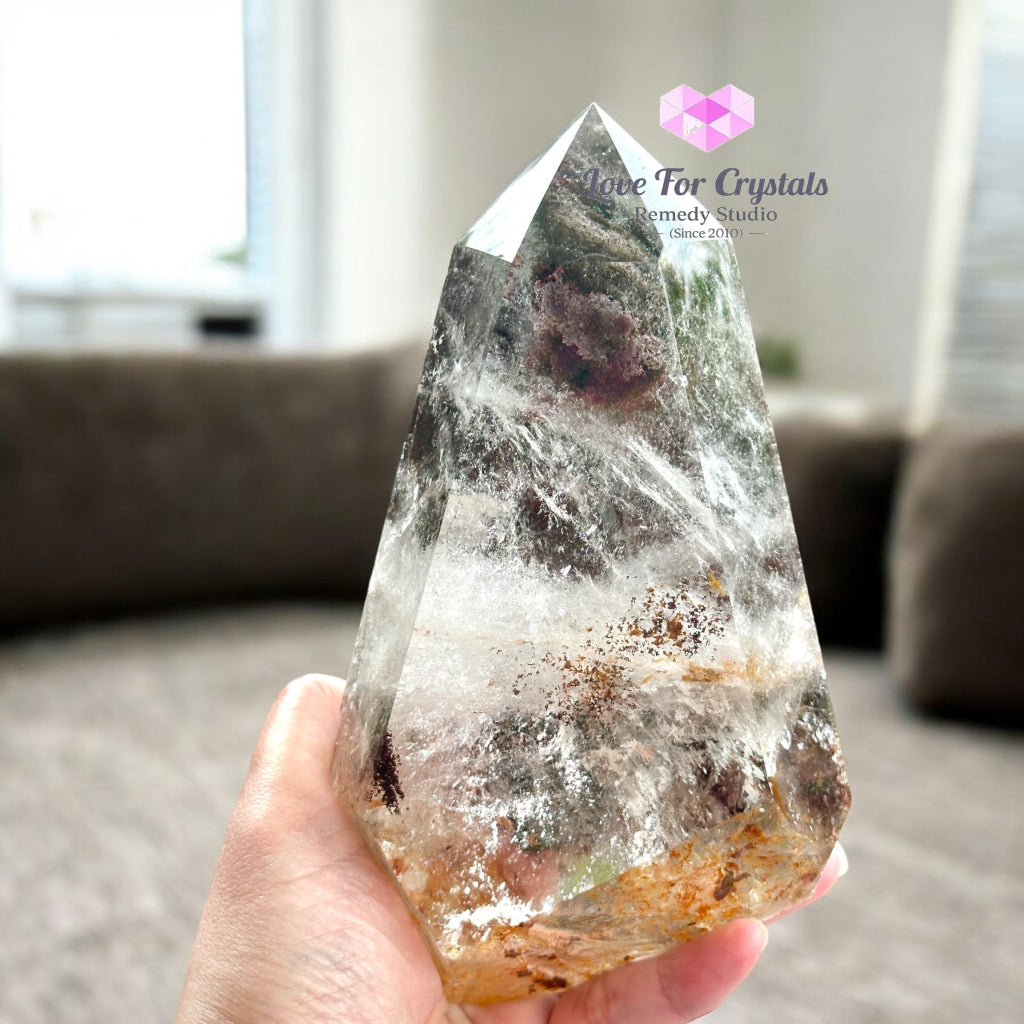 Red & Green Phantom Large Tower With Wooden Stand (20% Off) Brazil Clear Quartz