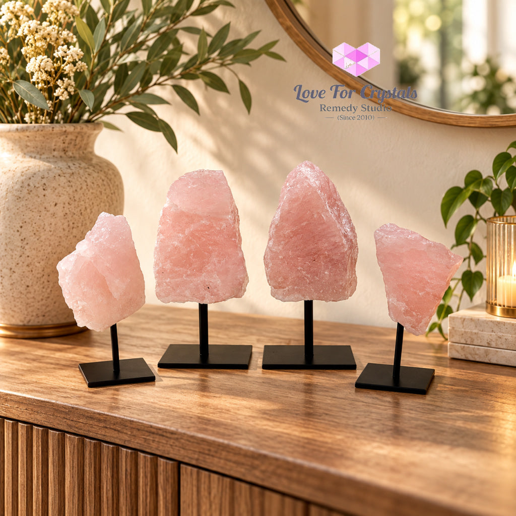 Rose Quartz Raw Mounted on Black Metal Stand (Brazil) Love Anchor - Rose quartz