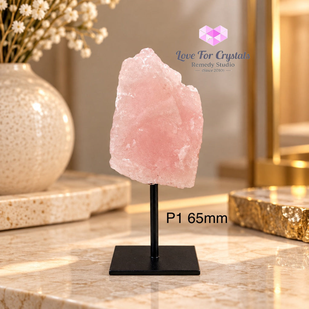 Rose Quartz Raw Mounted on Black Metal Stand (Brazil) Love Anchor - P1 65mm - Rose quartz