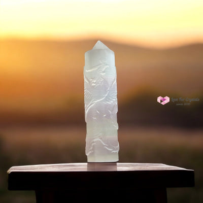 Selenite Phoenix Carved Tower 10cm (Pre-coded & Activated) Other Half of Selenite Dragon Tower 10cm Selenite