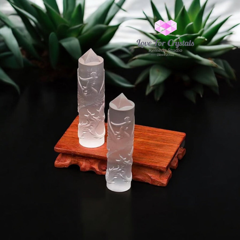 Selenite Phoenix Carved Tower 10cm (Pre-coded & Activated) Other Half of Selenite Dragon Tower 10cm Selenite