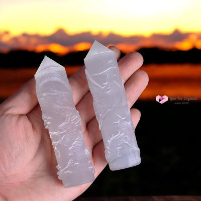 Selenite Phoenix Carved Tower 10cm (Pre-coded & Activated) Other Half of Selenite Dragon Tower 10cm Selenite