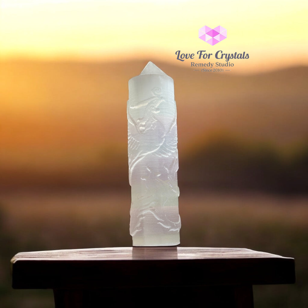 Selenite Phoenix Carved Tower 10cm (Pre-coded & Activated) Other Half of Selenite Dragon Tower 10cm Selenite