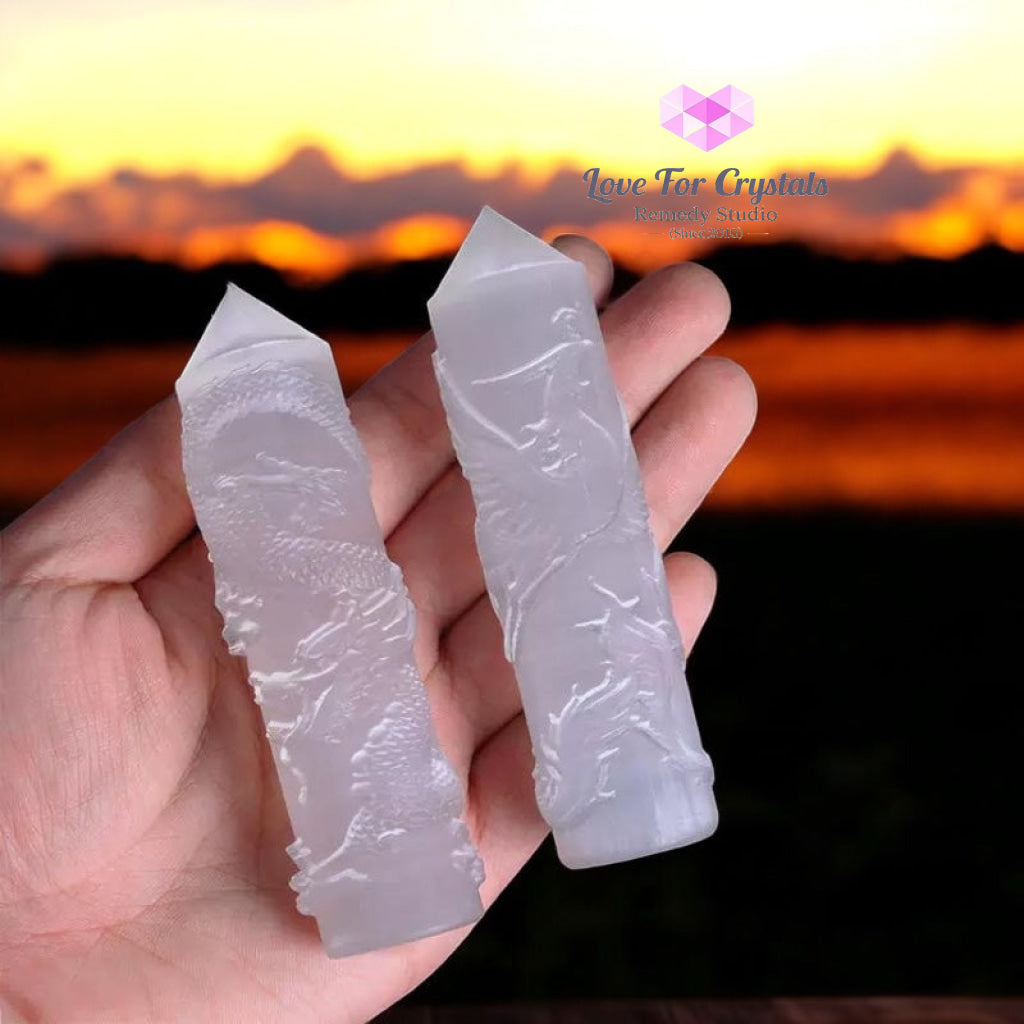 Selenite Phoenix Carved Tower 10cm (Pre-coded & Activated) Other Half of Selenite Dragon Tower 10cm Selenite