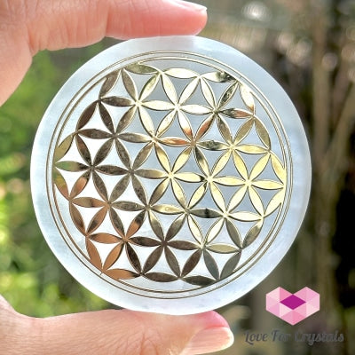 Selenite Sacred Geometry Charging/Cleansing Plate (60Mm) Flower Of Life Polished Crystals