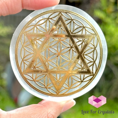 Selenite Sacred Geometry Charging/Cleansing Plate (60Mm) Pentagram/Flower Of Life Polished Crystals