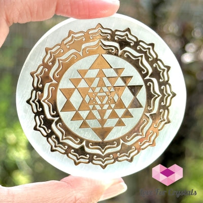 Selenite Sacred Geometry Charging/Cleansing Plate (60Mm) Sri Yantra Polished Crystals