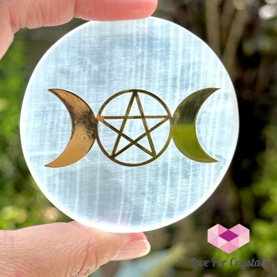 Selenite Sacred Geometry Charging/Cleansing Plate (60Mm) Triple Goddess Polished Crystals
