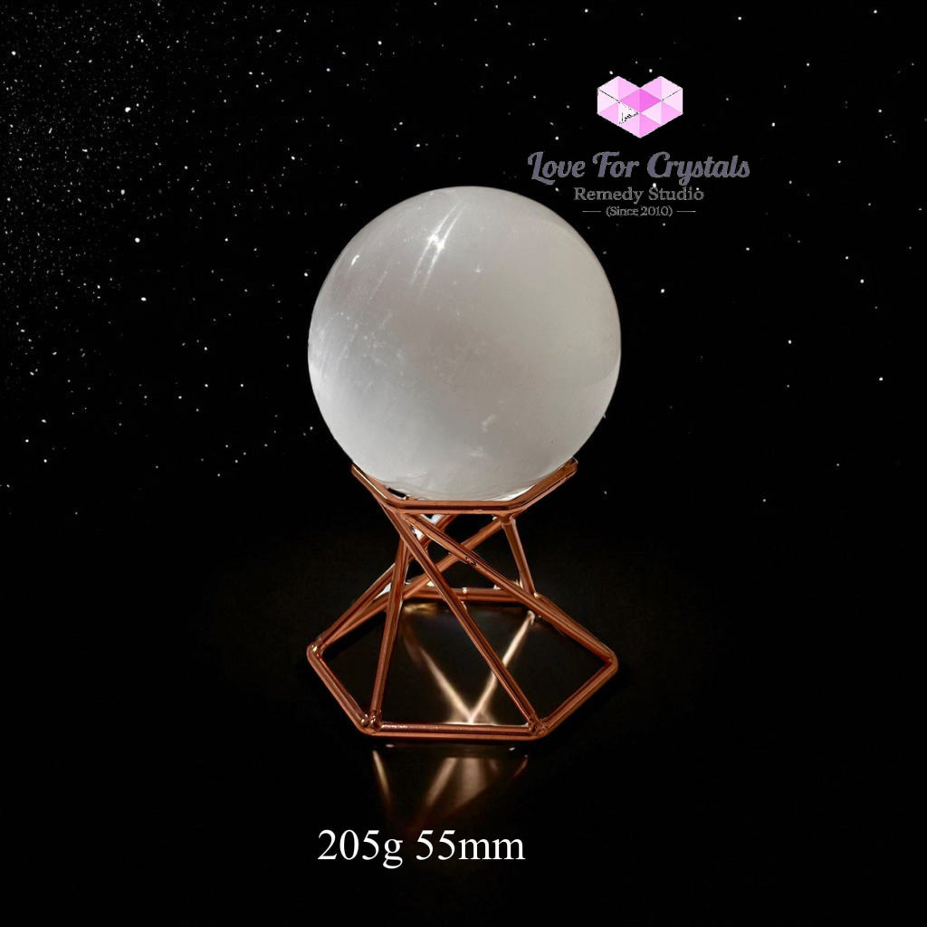 Selenite Sphere on Geometric Stand (Encoded & Blessed) 205g 55mm Selenite