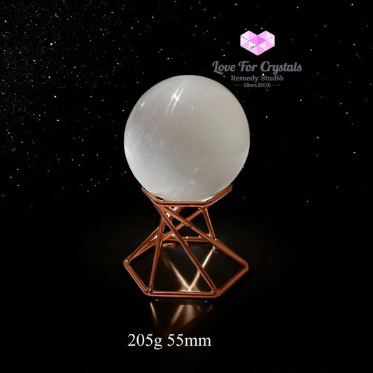 Selenite Sphere on Geometric Stand (Encoded & Blessed) 205g 55mm Selenite