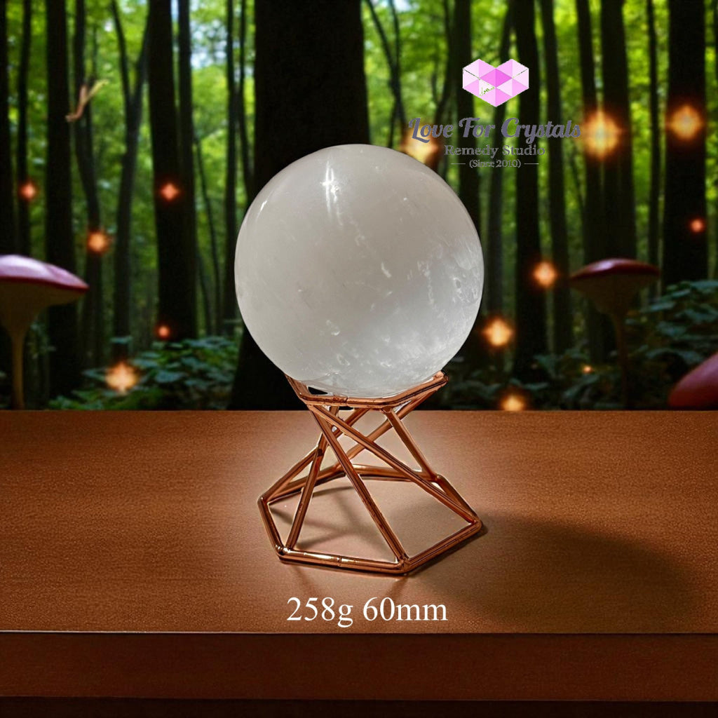 Selenite Sphere on Geometric Stand (Encoded & Blessed) 258g 60mm Selenite