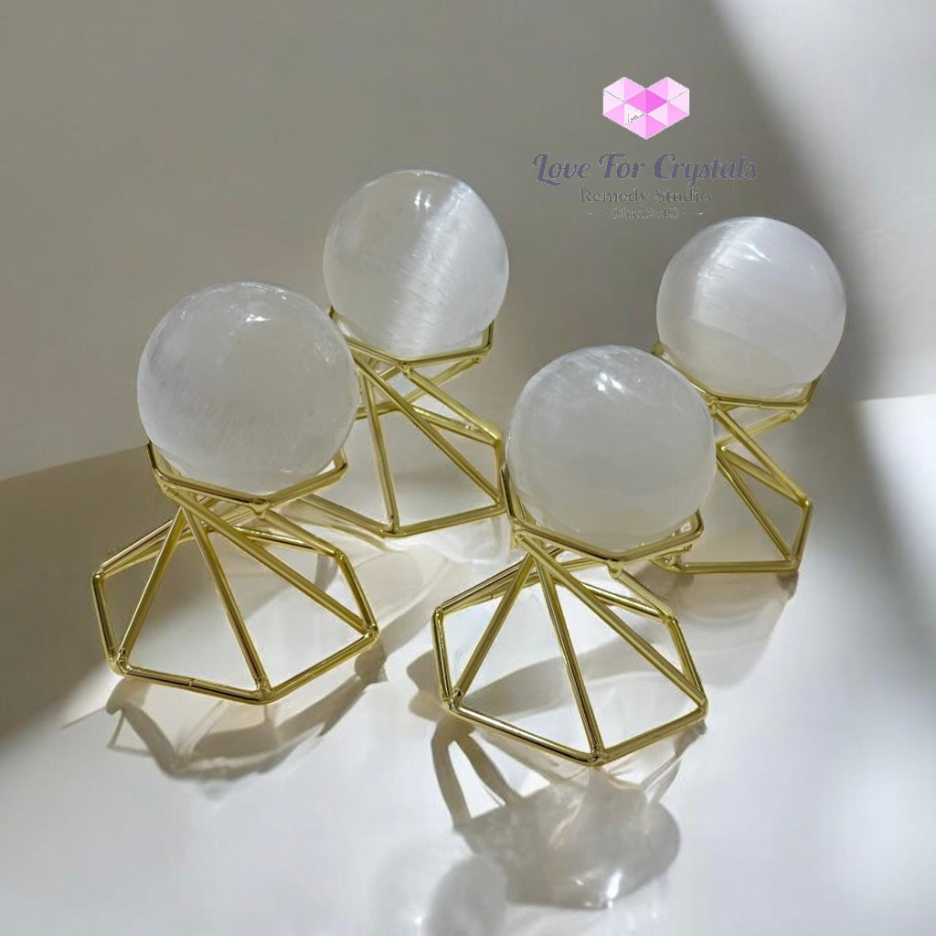 Selenite Sphere with Gold Stand 40mm (Purification – Light Transmission) Pre-coded & Activated 40mm (Random Piece)