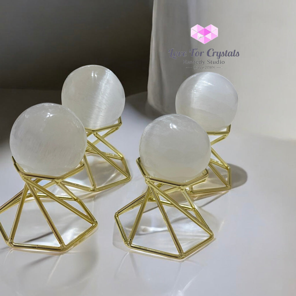 Selenite Sphere with Gold Stand 40mm (Purification – Light Transmission) Pre-coded & Activated 40mm (Random Piece)