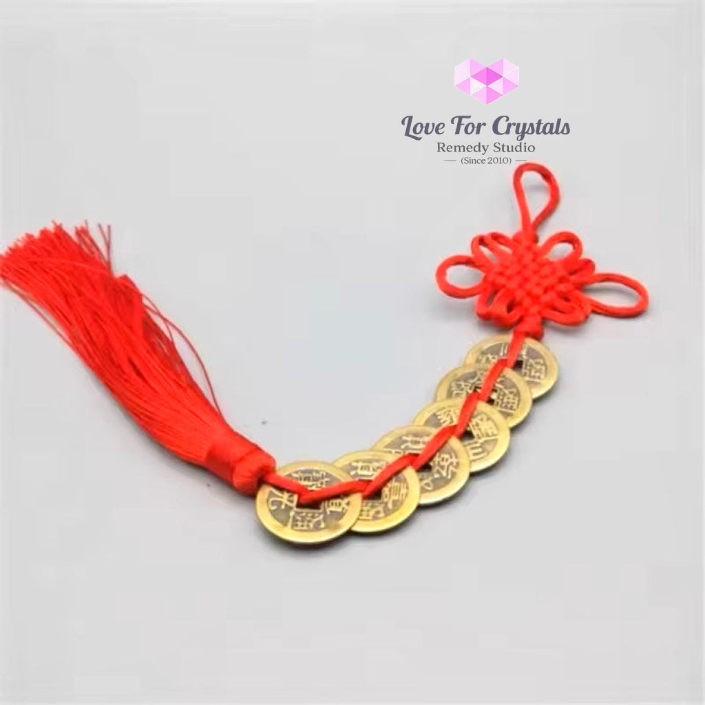 Six Emperor Coins in Red String & Mystic Knot (Good Quality) - Feng shui