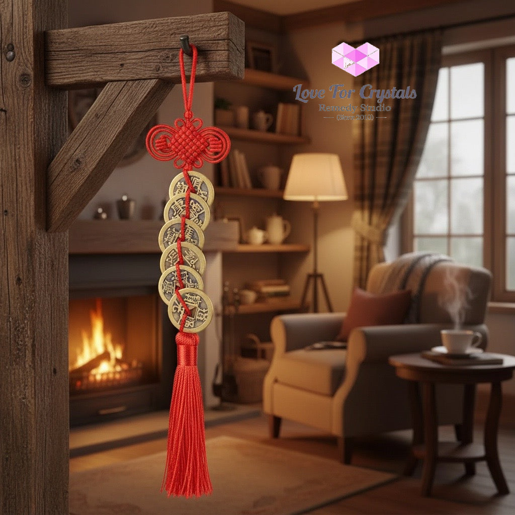Six Emperor Coins in Red String & Mystic Knot (Good Quality) - Feng shui