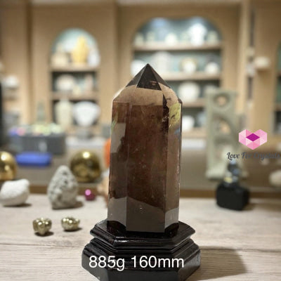 Smoky Quartz Anchor Pointer with Wooden Stand 885g 160mm (Half polished) Smoky quartz