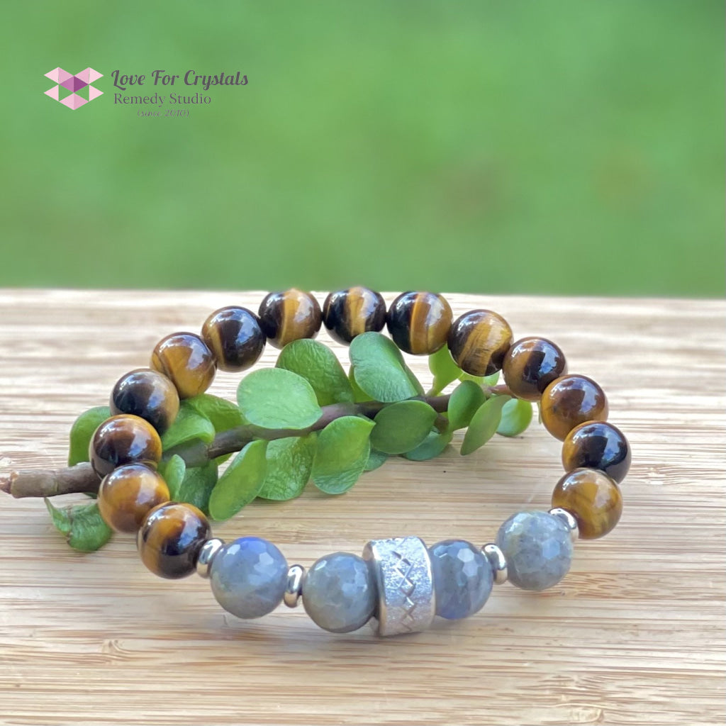 Stability Crystal Remedy Bracelet For Men (Premium Series) Tigers Eye Labradorite & Stainless Steel