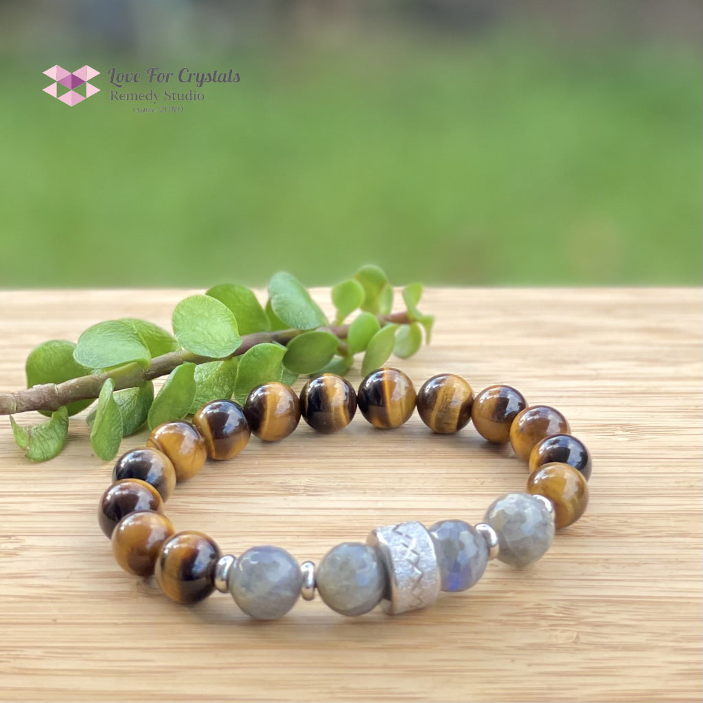 Stability Crystal Remedy Bracelet For Men (Premium Series) Tigers Eye Labradorite & Stainless Steel