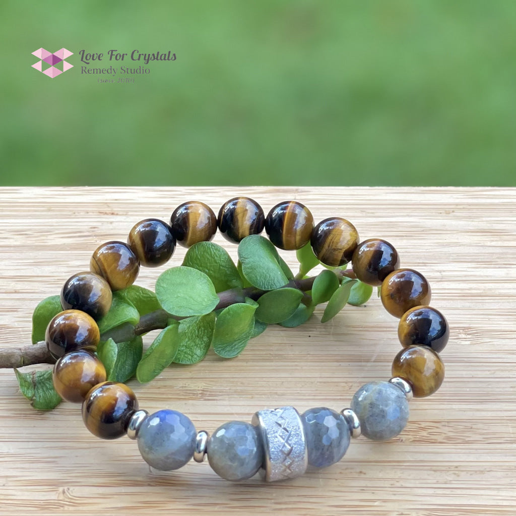 Stability Crystal Remedy Bracelet For Men (Premium Series) Tigers Eye Labradorite & Stainless Steel
