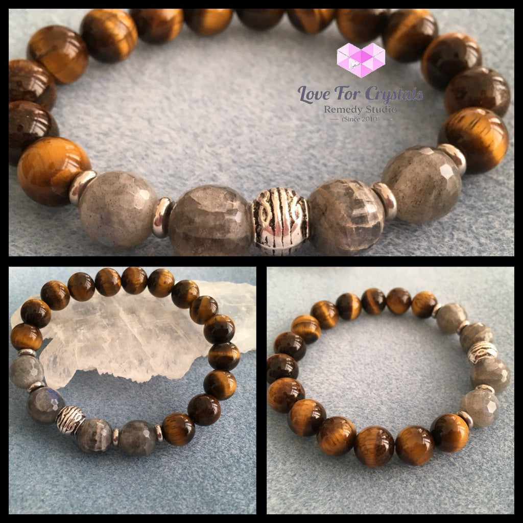 Stability Bracelet (Mens Premium Series) Tigers Eye Labradorite & Stainless Steel Spacers Remedy