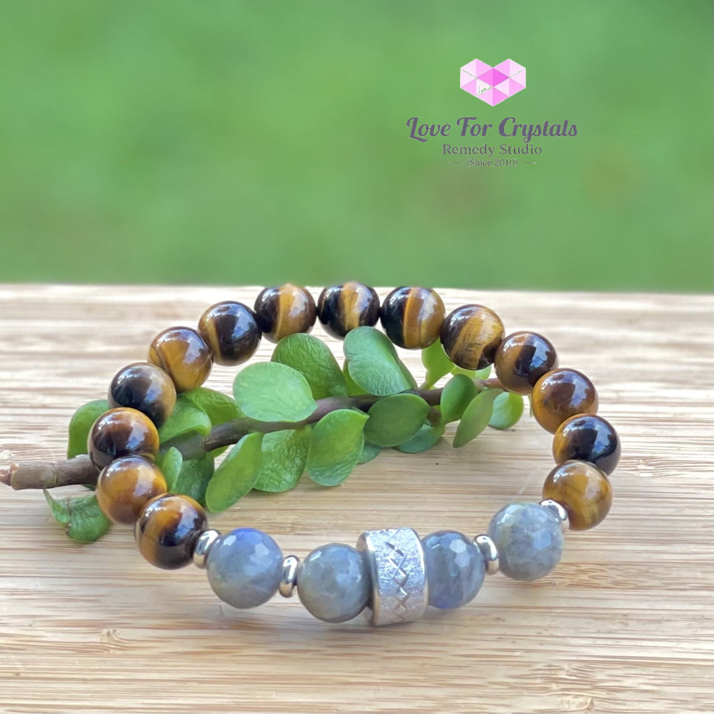 Stability Crystal Remedy Bracelet For Men (Premium Series) Tigers Eye Labradorite & Stainless Steel