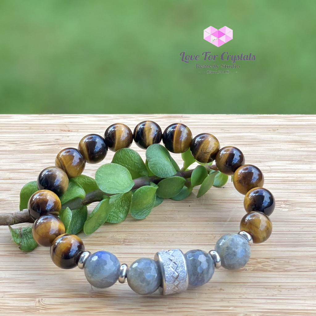 Stability Crystal Remedy Bracelet For Men (Premium Series) Tigers Eye Labradorite & Stainless Steel