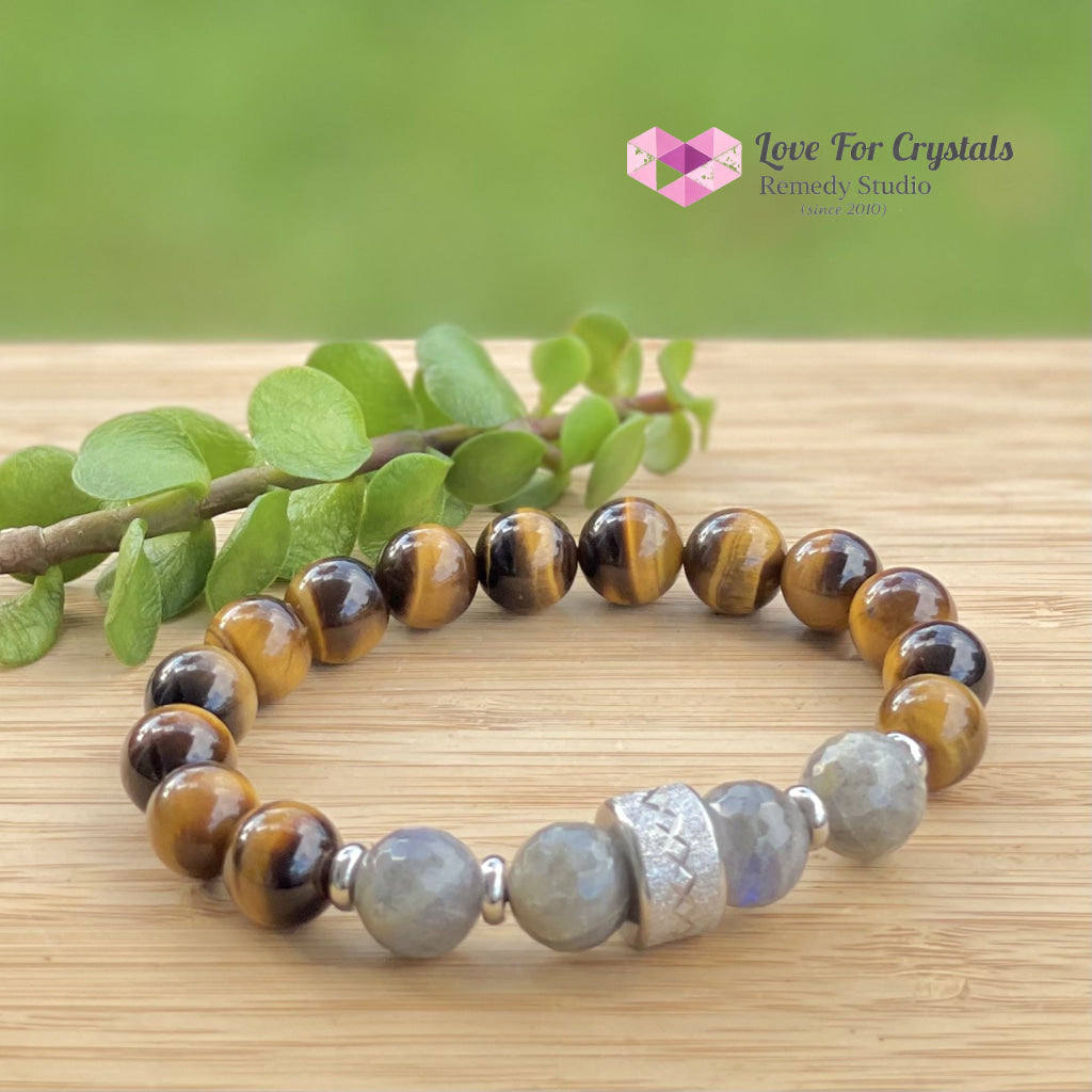 Stability Crystal Remedy Bracelet For Men (Premium Series) Tigers Eye Labradorite & Stainless Steel