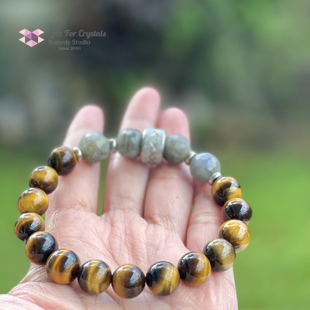 Stability Crystal Remedy Bracelet For Men (Premium Series) Tigers Eye Labradorite & Stainless Steel