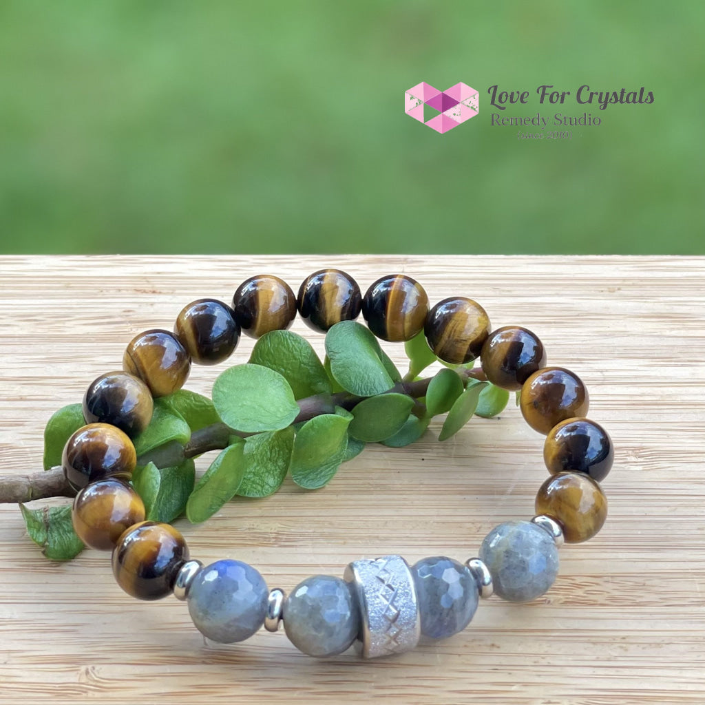 Stability Crystal Remedy Bracelet For Men (Premium Series) Tigers Eye Labradorite & Stainless Steel