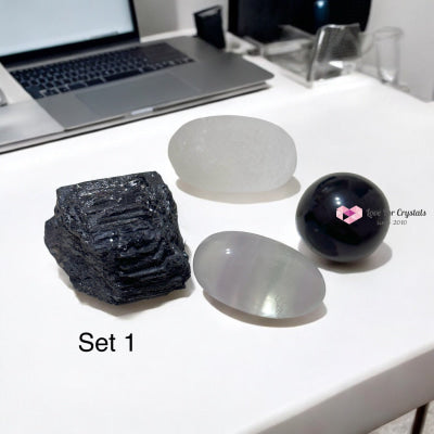 Tech Detox & Protection Crystal Set (Tourmaline Obsidian Selenite Fluorite) 1 Set