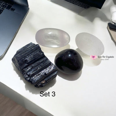 Tech Detox & Protection Crystal Set (Tourmaline Obsidian Selenite Fluorite) 3 Set