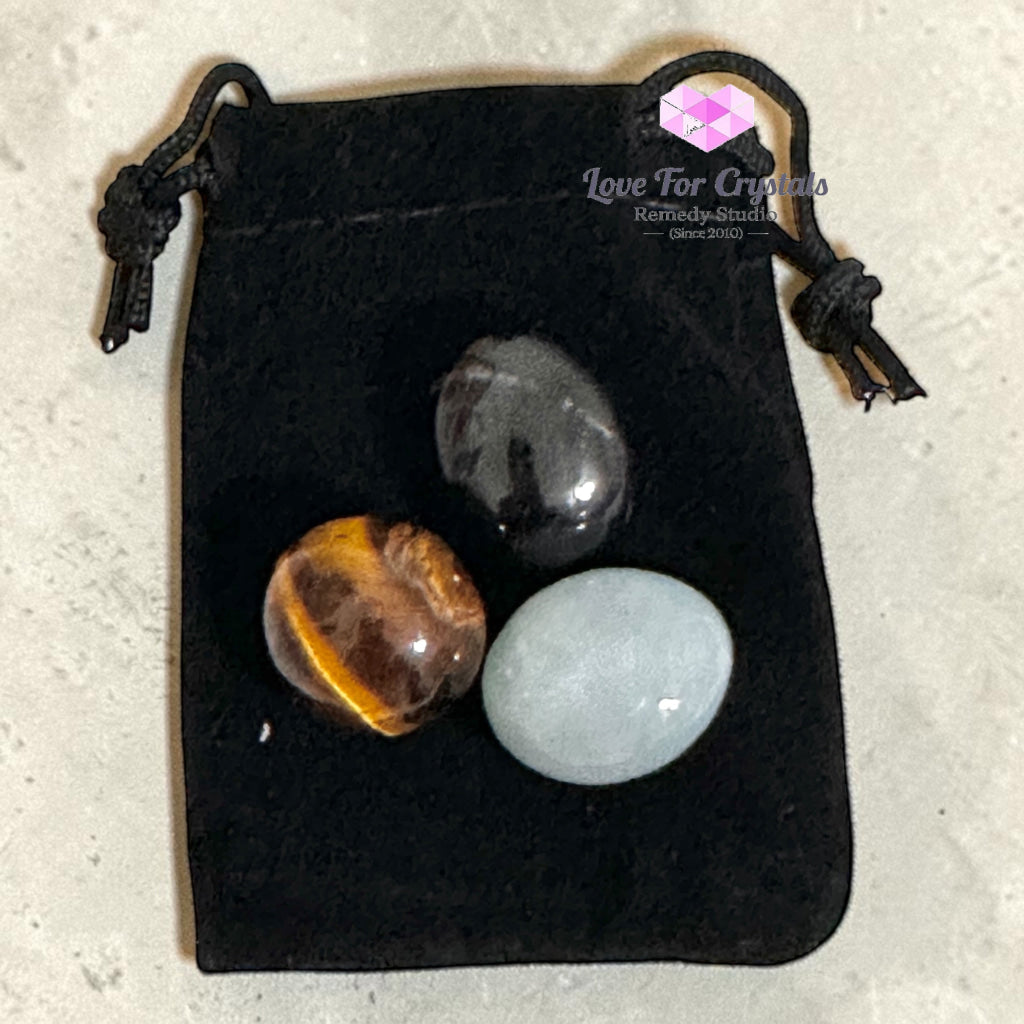 TRAVEL PROTECTION Pocket Remedy Crystal Trio Set (Black Tourmaline Tiger’s Eye Aquamarine) 15-20mm - Crystal sets