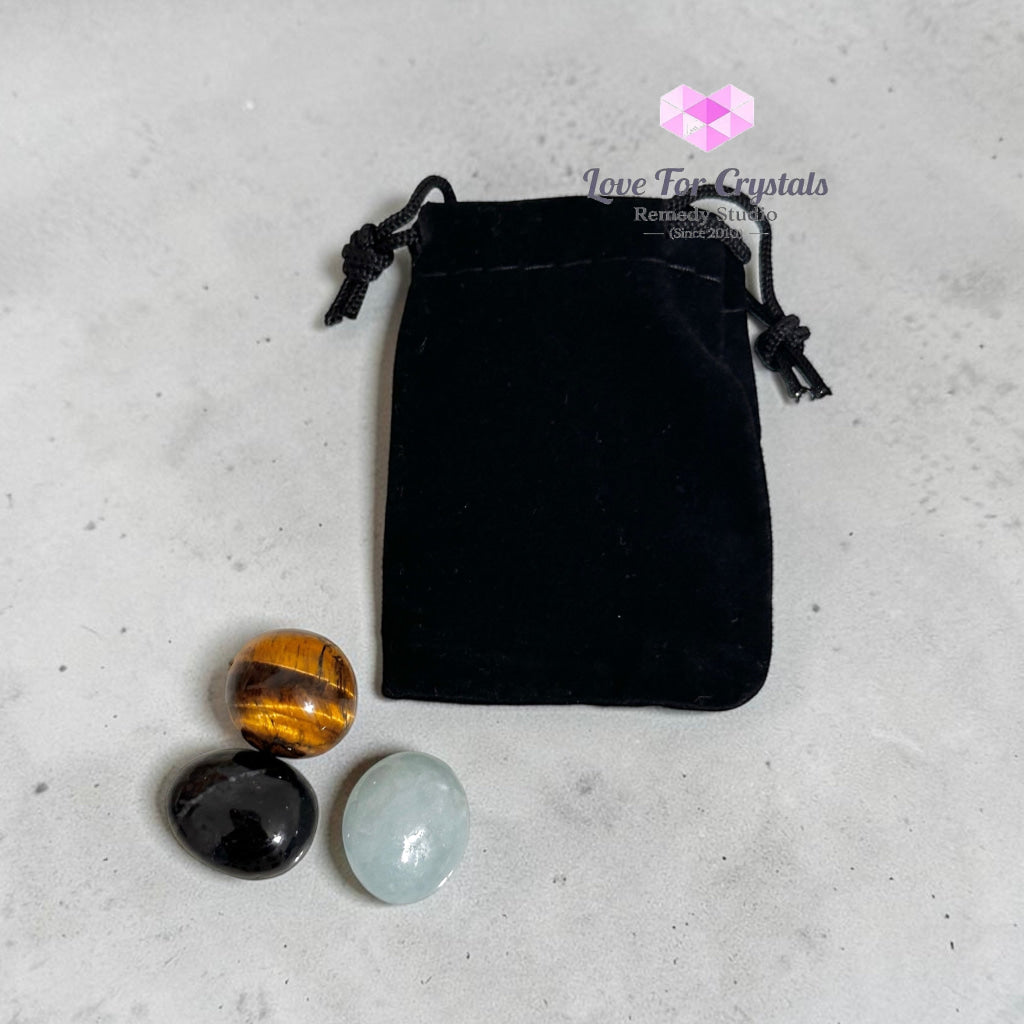 TRAVEL PROTECTION Pocket Remedy Crystal Trio Set (Black Tourmaline Tiger’s Eye Aquamarine) 15-20mm - Crystal sets